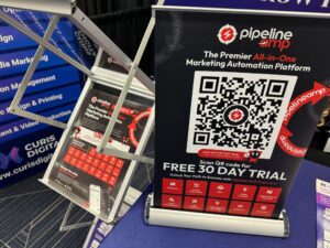 Pipeline AMP banner with QR code offering a free 30-day trial for the all-in-one marketing automation platform.