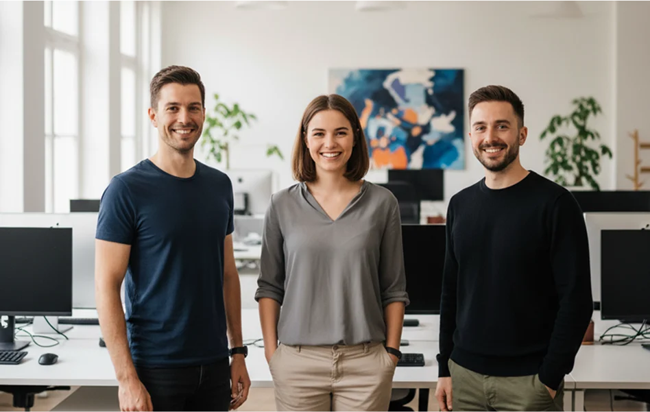Three teammates smiling in an open office