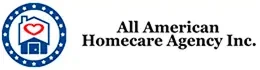 Logo for All American Homecare Agency Inc. features a house with a heart inside, surrounded by a blue circle with stars, next to the agency's name in bold text.