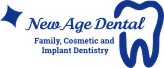 Logo for "New Age Dental" in blue text on a black background. Features a tooth outline and star design, promoting family, cosmetic, and implant dentistry.