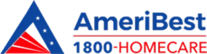 A logo featuring a blue triangle with red stripes and stars. To the right, "AmeriBest" in blue and "1800-HOMECARE" in red on a black background.