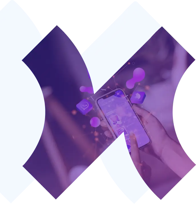 Smartphone with app icons under abstract blue and purple shapes.
