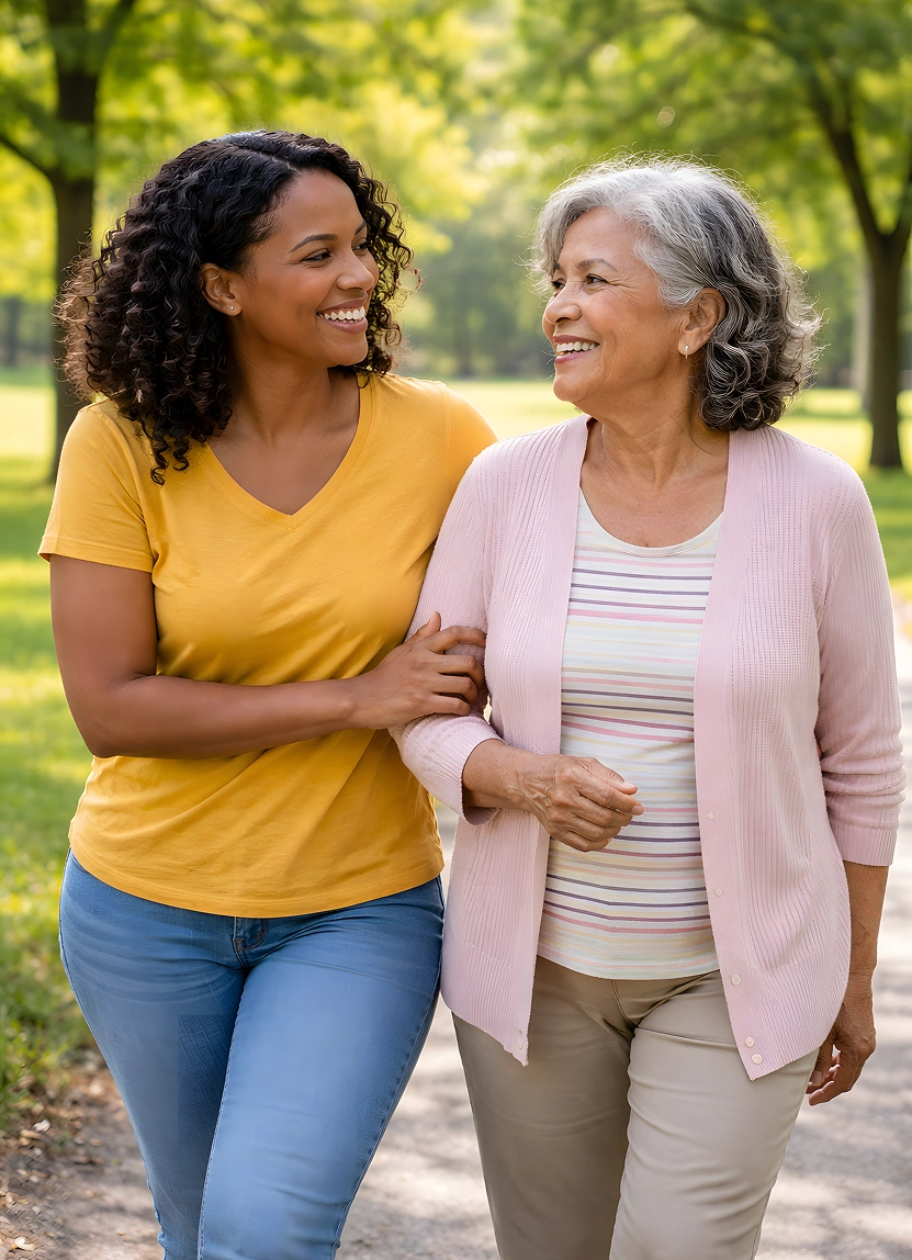 Two women smiling while walking together in a park.