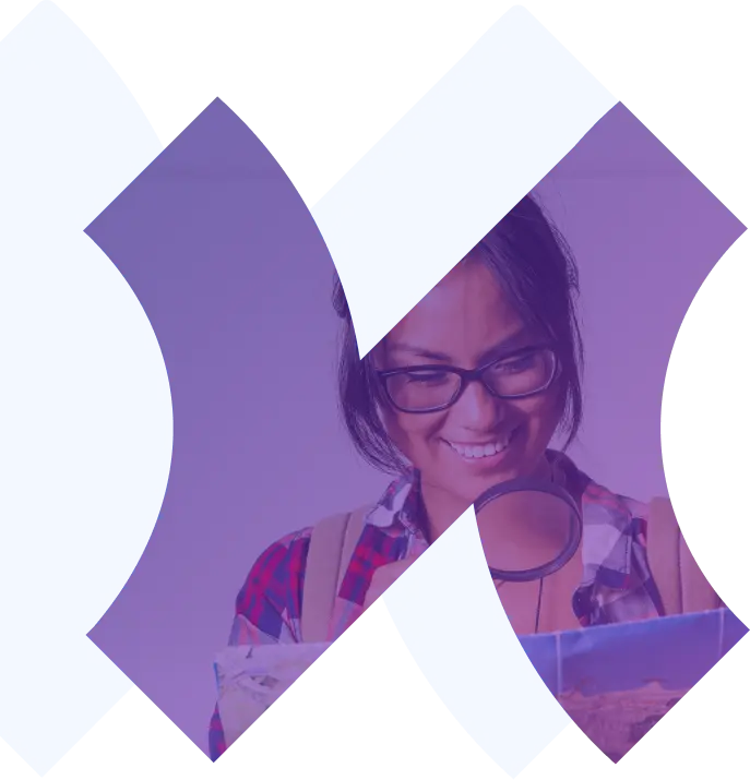 Stylized graphic of a smiling woman examining a map with a magnifying glass, overlaid with abstract blue shapes.
