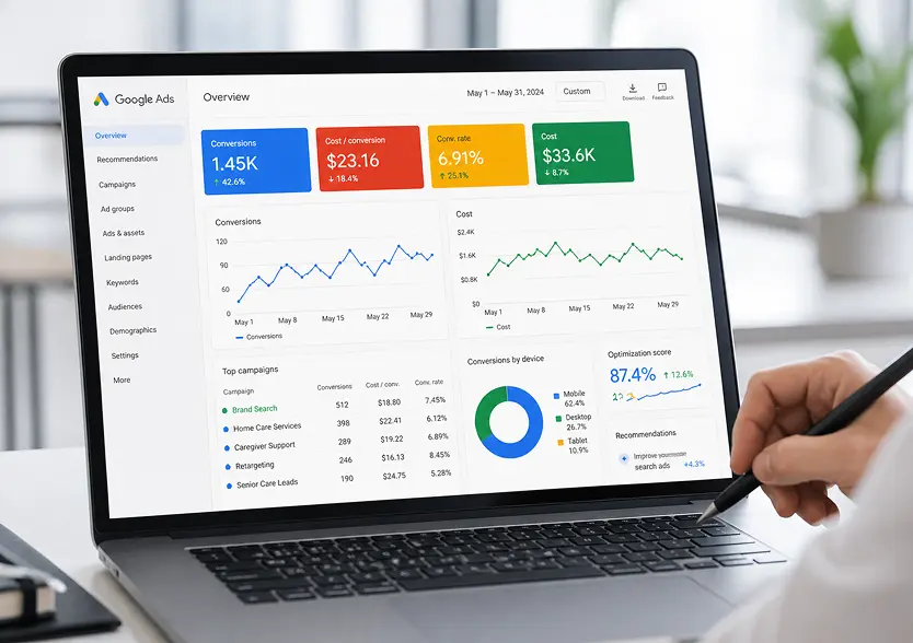 A laptop displaying a Google Ads campaign overview dashboard with conversion metrics, cost data, and performance charts